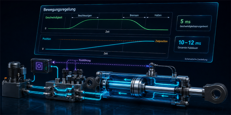 Hydraulikzylinder im Schnitt mit Rückführung und schematischen Geschwindigkeits- und Positionskurven für Beschleunigung und Abbremsung