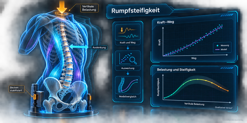 Biomechanisches Rumpfmodell mit vertikaler Belastung und horizontaler Auslenkung neben qualitativen Auswertungsdiagrammen